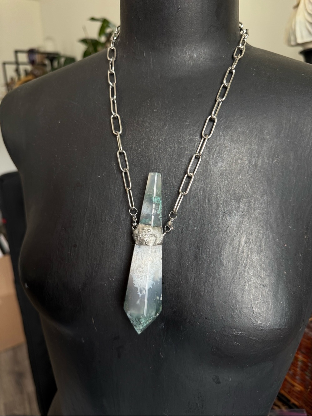 Moss agate crystal necklace pendant statement jewelry chunky necklace witchy